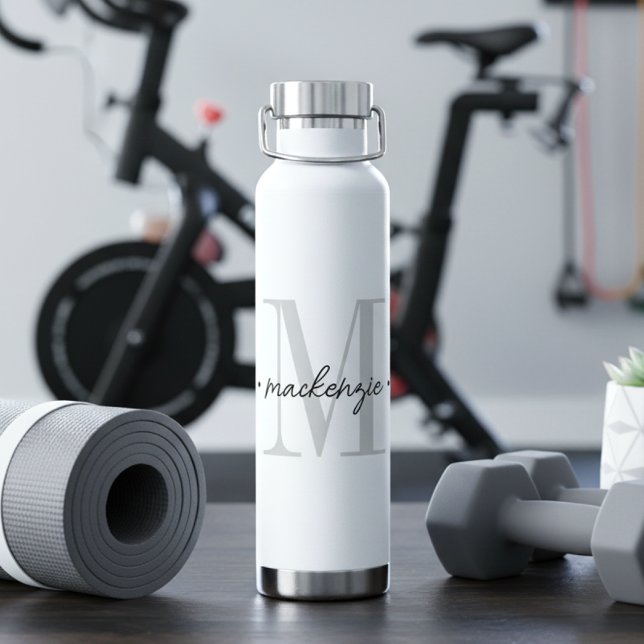 Modern Monogram Minimal Black White Water Bottle (Creator Uploaded)