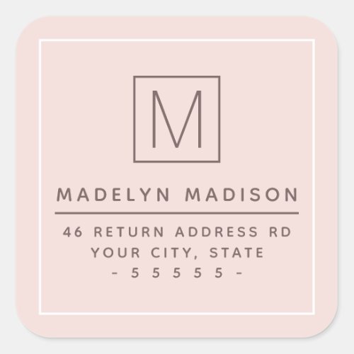Modern monogram minimal light pink return address square sticker