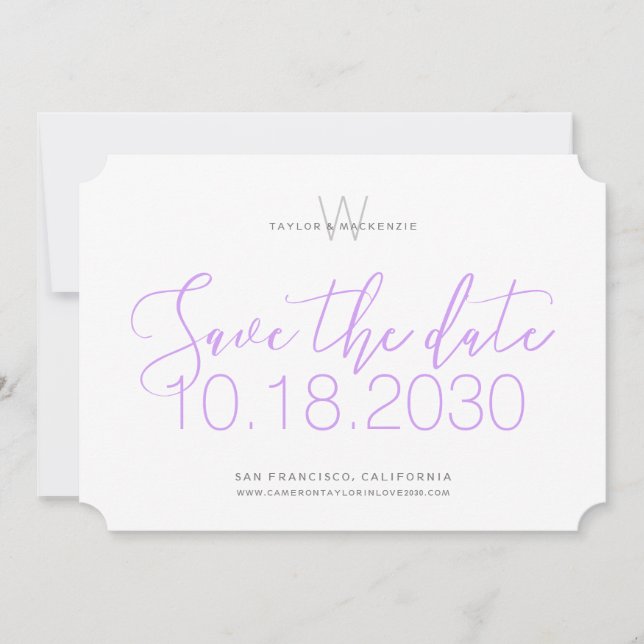Modern Monogram Minimal Lilac Purple Save the Date (Front)