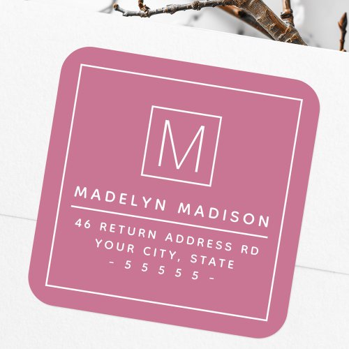 Modern monogram minimal rose mauve return address square sticker