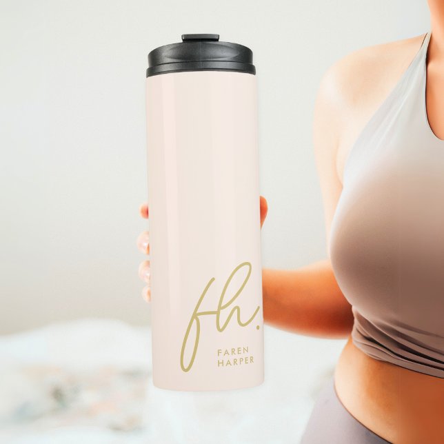 Modern Monogram Minimal Script Blush Gold Initials Thermal Tumbler (Creator Uploaded)