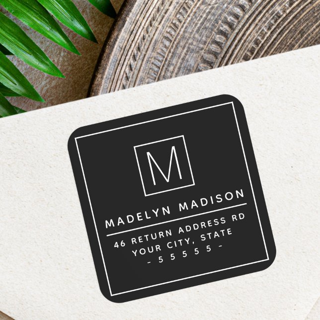 Modern monogram minimalist black return address square sticker (Modern monogram minimalist black return address square sticker)