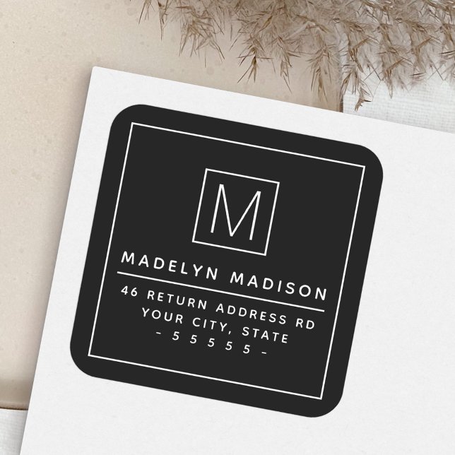 Modern monogram minimalist black return address square sticker (Creator Uploaded)