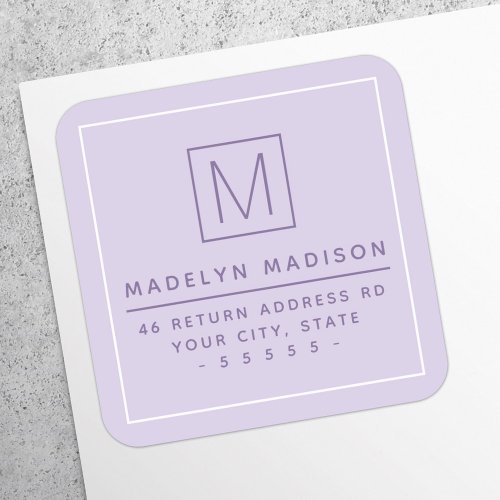 Modern monogram minimalist purple return address square sticker