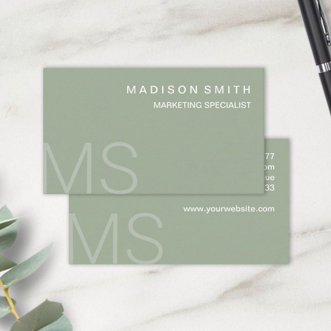 Modern Monogram Minimalist Sage Green Professional Business Card (Creator Uploaded)