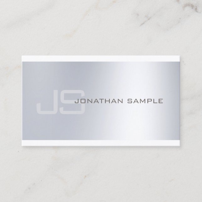 Modern Monogram Minimalist Silver Look Luxury Business Card (Front)