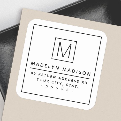 Modern monogram minimalist white return address square sticker