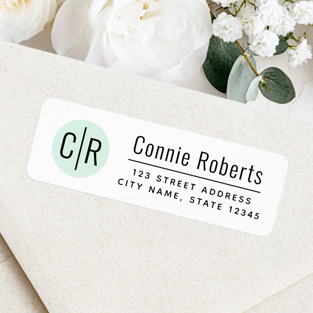 Modern monogram mint green circle return address label (Modern monogram mint green circle return address label)