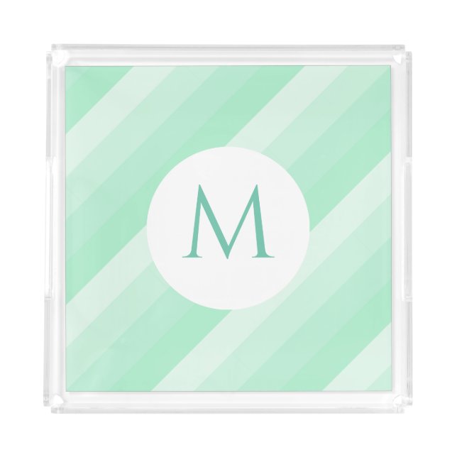 Modern Monogram Mint Green Striped Trendy Template Acrylic Tray (Front)
