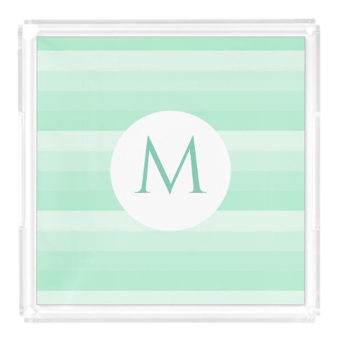 Modern Monogram Mint Green Stripes Trendy Template Acrylic Tray