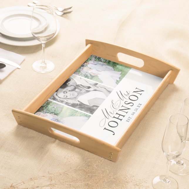 Modern Monogram Mr & Mrs Photo Collage  Serving Tray (Front)