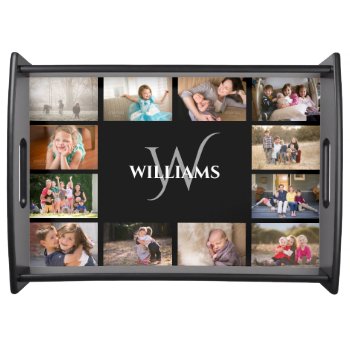 Modern Monogram Name 12 Photo Collage Black Serving Tray by RocklawnArts at Zazzle