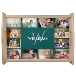 Modern Monogram Name 12 Photo Collage Blue-Green Serving Tray