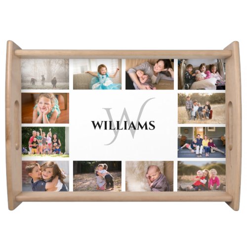 Modern Monogram Name 12 Photo Collage Serving Tray