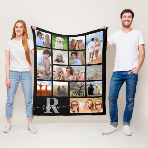 Modern Monogram Name 14 Photo Collage Custom Color Fleece Blanket - Create a photo collage blanket with 14 pictures and personalized with a monogram and name in choice of background colors and font styles and colors. The sample suggests a black background with a classic monogram in silver gray and a modern handwritten script name in white. CHANGES:  Click on CUSTOMIZE FURTHER in the PERSONALIZE section or contact the designer BEFORE ORDERING via Zazzle Chat or makeitaboutyoustore@gmail.com for assistance with design modification/personalization or help transferring the design to another product.
