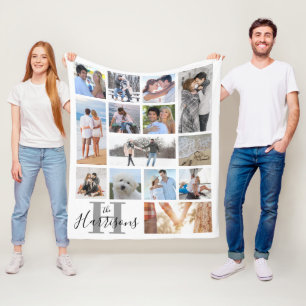 Modern Monogram Name 14 Photo Collage White Fleece