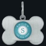 Modern Monogram Name and Phone Number | Aqua Pet ID Tag<br><div class="desc">This simple,  modern pet ID tag features curved text and monogram initial in the middle.  Easy to customize with your pet's info!  Color can be easily customized,  if desired (shown in aqua)!</div>