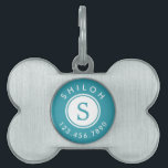 Modern Monogram Name and Phone Number | Aqua Pet ID Tag<br><div class="desc">This simple,  modern pet ID tag features curved text and monogram initial in the middle.  Easy to customize with your pet's info!  Color can be easily customized,  if desired (shown in aqua)!</div>