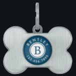 Modern Monogram Name and Phone Number | Blue Pet ID Tag<br><div class="desc">This simple,  modern pet ID tag features curved text and monogram initial in the middle.  Easy to customize with your pet's info!  Color can be easily customized,  if desired!</div>