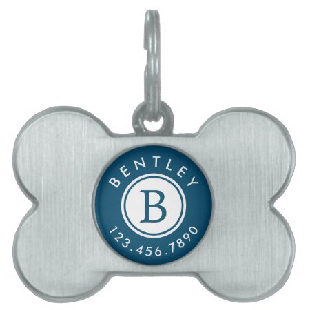 Modern Monogram Name And Phone Number | Blue Pet Id Tag
