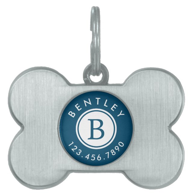 Modern Monogram Name and Phone Number | Blue Pet ID Tag (Front)