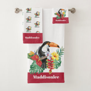 Modern Monogram Name Black Colorful Toucan Red Bath Towel Set