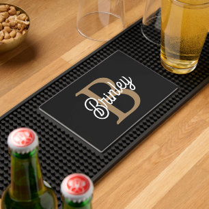 Modern  Monogram Name Black Gold Retro Script Bar Mat