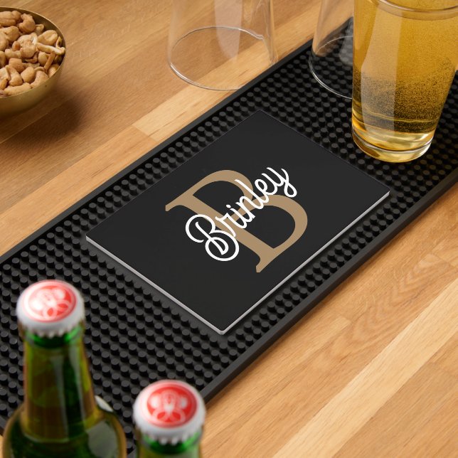 Modern  Monogram Name Black Gold Retro Script Bar Mat (Insitu (Bar 2))