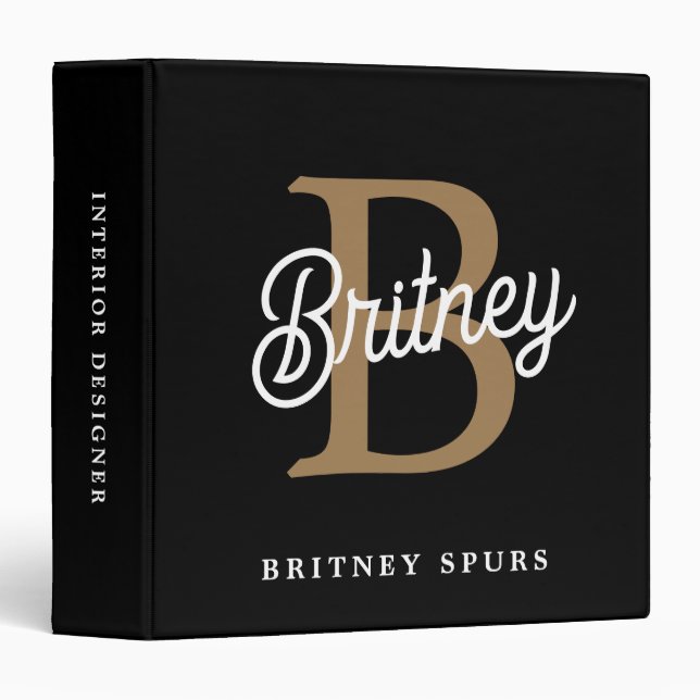 Modern Monogram Name  Black Gold Script Office 3 Ring Binder (Front/Spine)