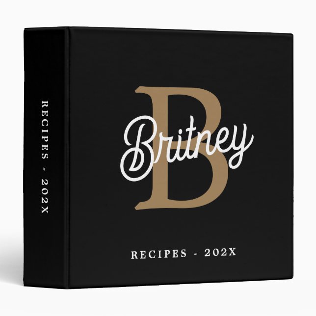 Modern Monogram Name  Black Gold Script Recipes 3 Ring Binder (Front/Spine)