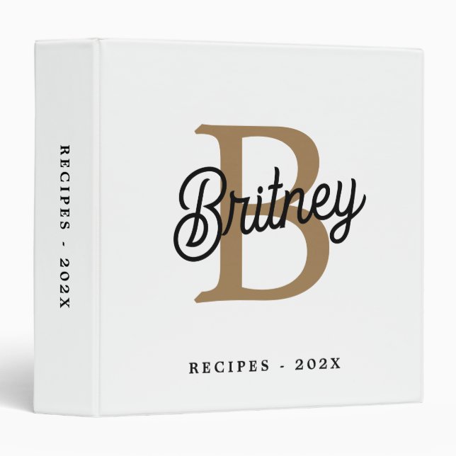 Modern Monogram Name  Black Gold Script Recipes 3 Ring Binder (Front/Spine)