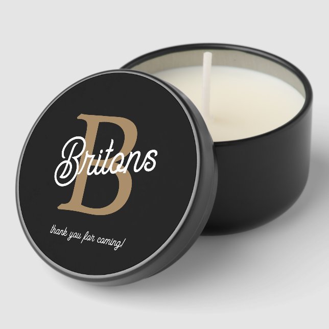 Modern Monogram Name Black Gold Script Thank You Mini Candle Favors (Corner)