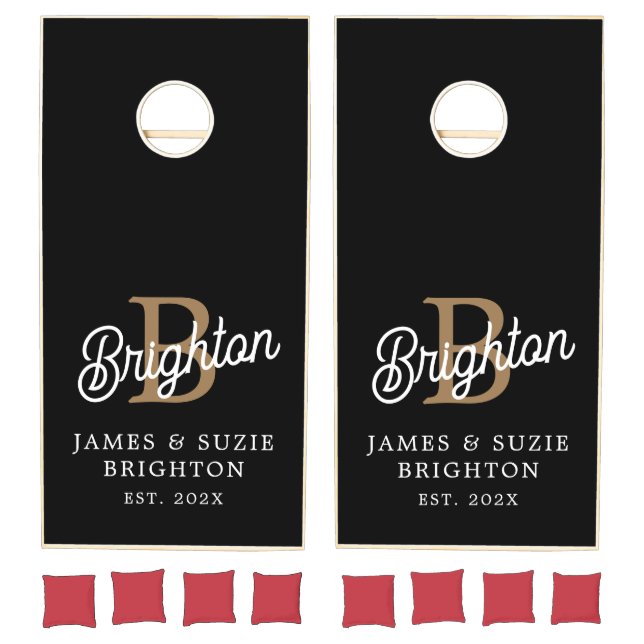 Modern Monogram Name Black Gold Script Wedding Cornhole Set (Set)