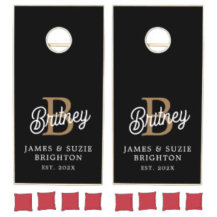 Modern Monogram Name Black Gold Script Wedding Cornhole Set