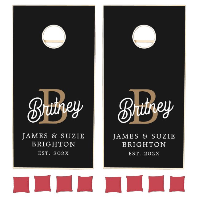 Modern Monogram Name Black Gold Script Wedding Cornhole Set (Set)