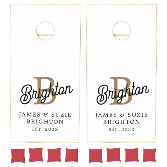 Modern Monogram Name Black Gold Script Wedding Cornhole Set (Set)
