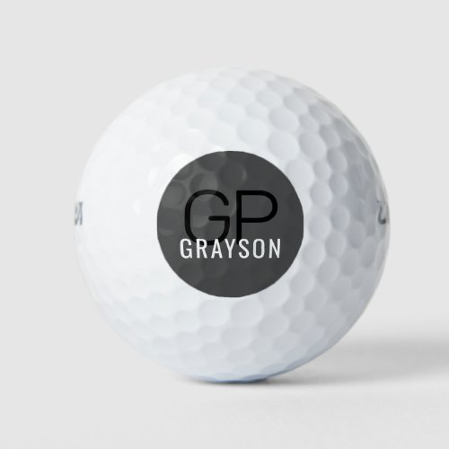 Modern Monogram Name Black  Gray Personalized Golf Balls