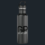 Modern Monogram Name Black & Gray Personalized Stainless Steel Water Bottle<br><div class="desc">Professional and understated personalized black and white water bottle with a simple custom masculine monogram with 2 initial letters, and name you can edit to any fonts or colors to design a an elegant metal water bottle that looks great at the office or school in classic and chic black and...</div>