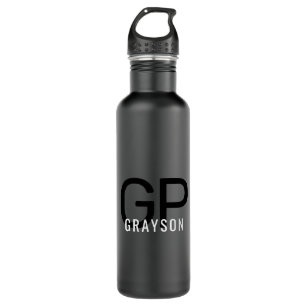 Modern Monogram Name Black & Gray Personalized Stainless Steel Water Bottle