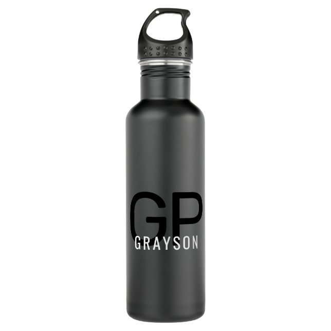 Modern Monogram Name Black & Gray Personalized Stainless Steel Water Bottle (Front)