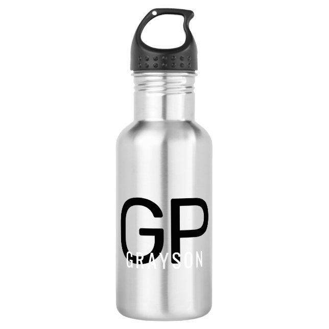 Modern Monogram Name Black & Gray Personalized Stainless Steel Water Bottle (Front)