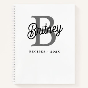 Modern Monogram Name  Black Gray Script Recipe Notebook