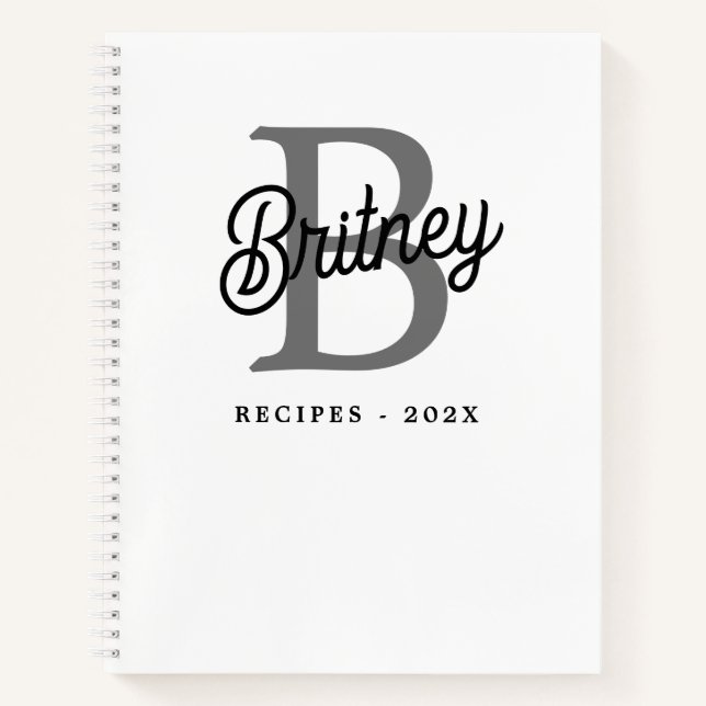 Modern Monogram Name  Black Gray Script Recipe Notebook (Front)