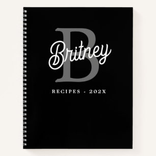 Modern Monogram Name Black Gray Script Recipe Notebook