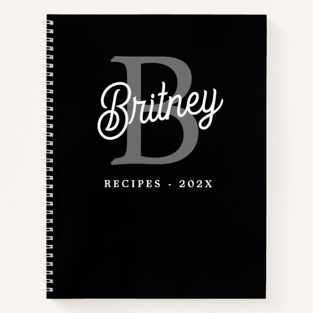 Modern Monogram Name  Black Gray Script Recipe Notebook (Front)