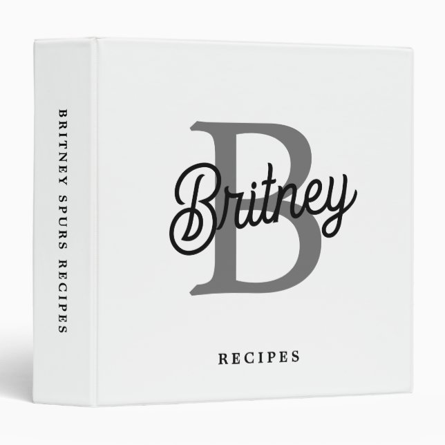 Modern  Monogram Name  Black Gray Script Recipes 3 Ring Binder (Front/Spine)