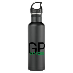Modern Monogram Name Black & Green Personalized Stainless Steel Water Bottle
