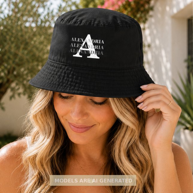 Modern Monogram Name Black Grey Bucket Hat (Creator Uploaded)