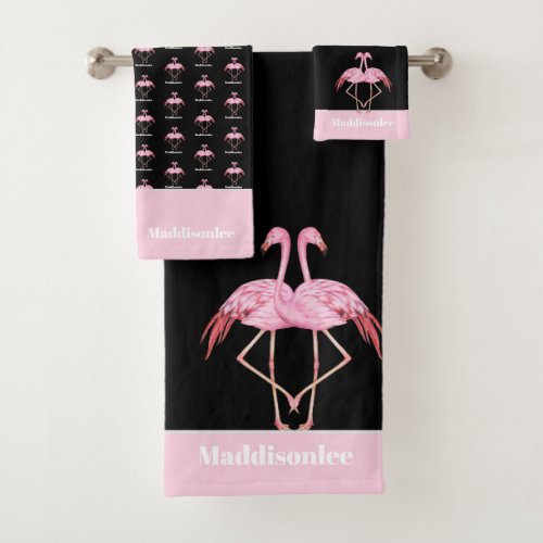 Modern Monogram Name Black Pink Flamingo Bath Towe Bath Towel Set