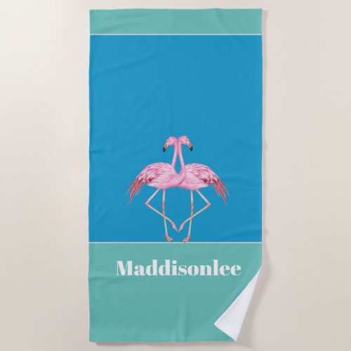 Modern Monogram Name Black Pink Flamingo Bath Towe Beach Towel